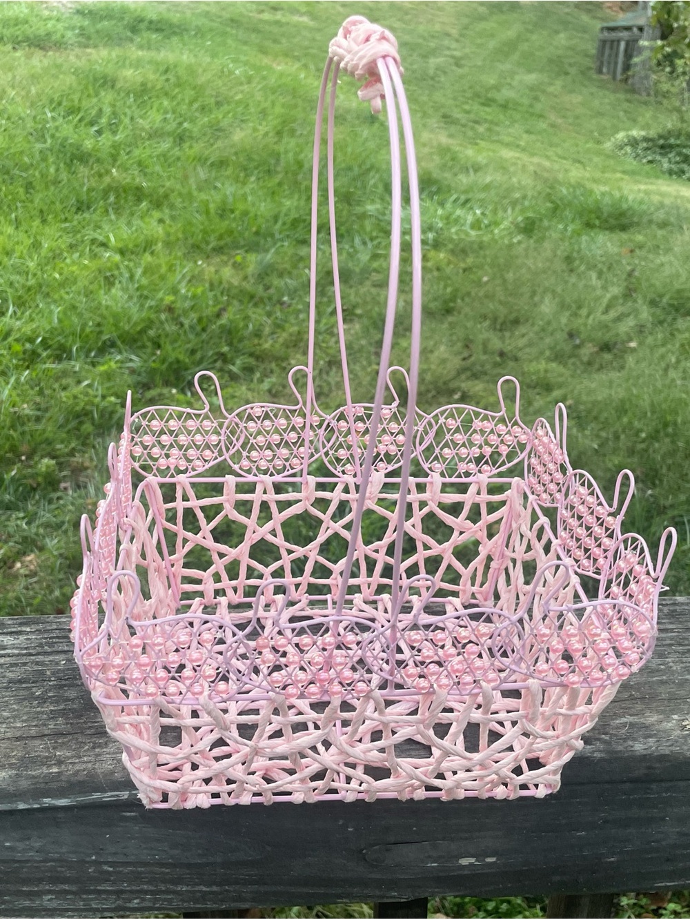 Pink Decorative Woven Wire Basket with Handle - Brand